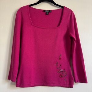 Vintage Laundry By Shelli Segal Fuchsia Floral Beaded Square Neck Sweater Medium